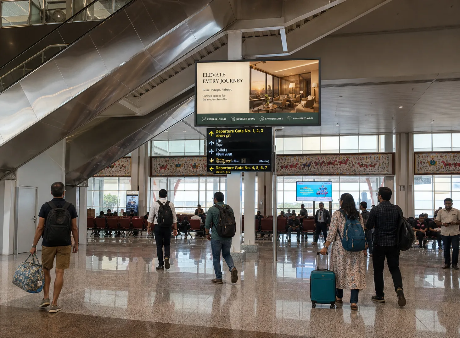 Backlit media placement at the Rajkot Airport security hold area